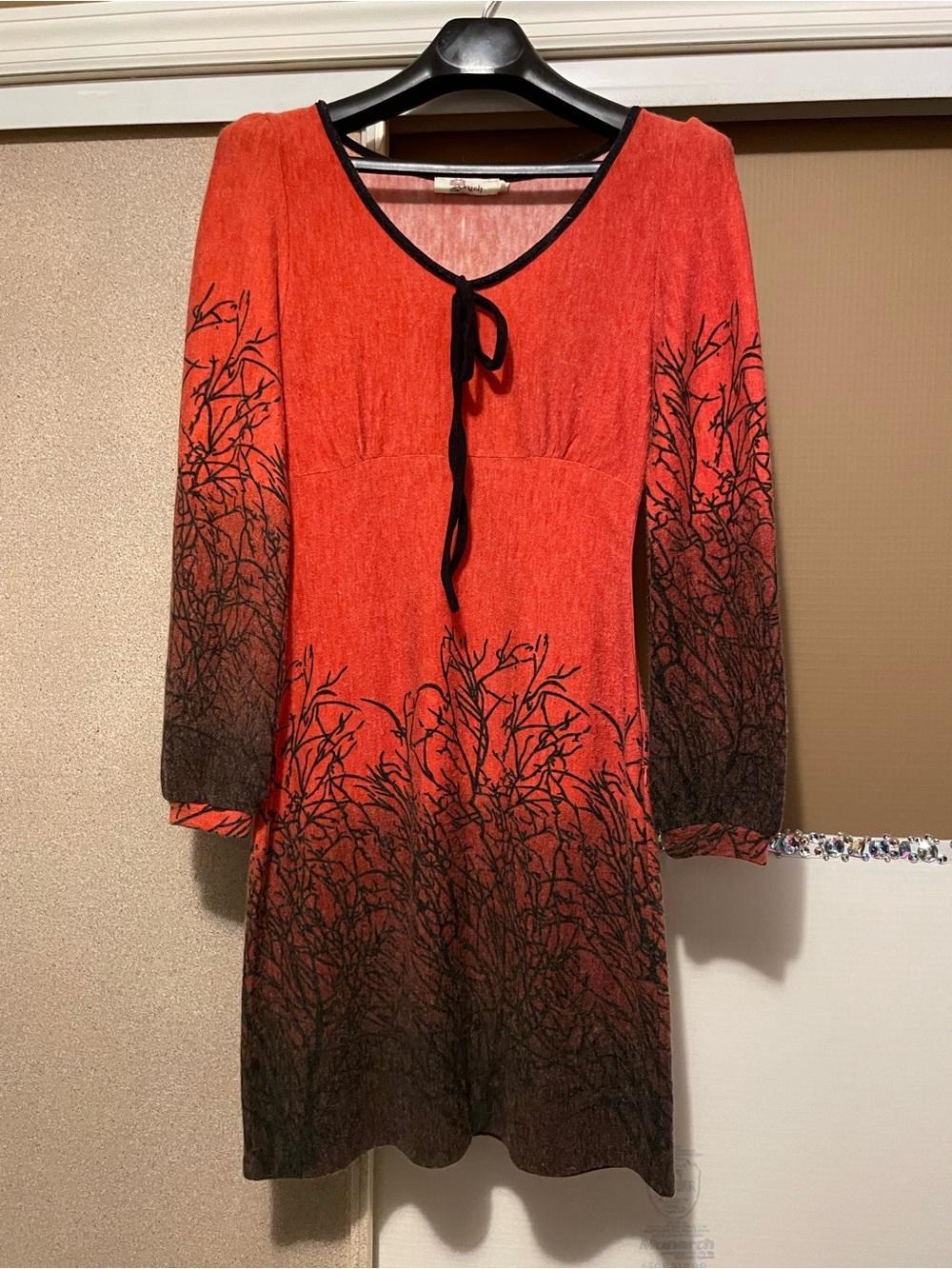 Aryeh Orange Ombre Long Sleeve V-Neck Dress with Black Botanical Print
